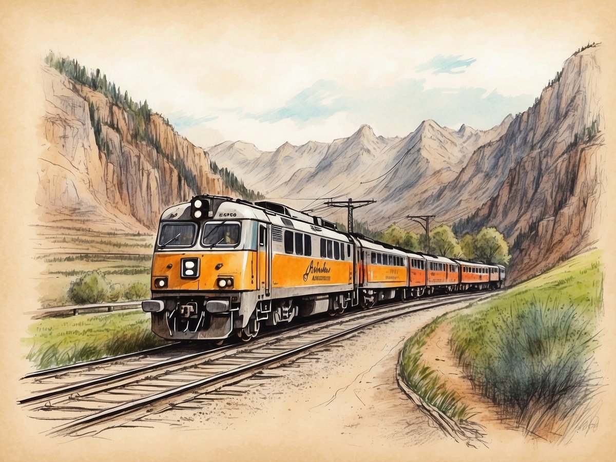 Eine farbenfrohe Illustration einer Diesel-Lokomotive, die auf einer kurvigen Bahnstrecke zwischen Bergen fährt. Die Lokomotive hat eine orangefarbene und schwarze Lackierung. Im Hintergrund sind majestätische Berge und ein klarer Himmel zu sehen. Grüne Wiesen und eine einfache Landschaft umgeben die Gleise, während die Szenerie eine friedliche und malerische Stimmung vermittelt.