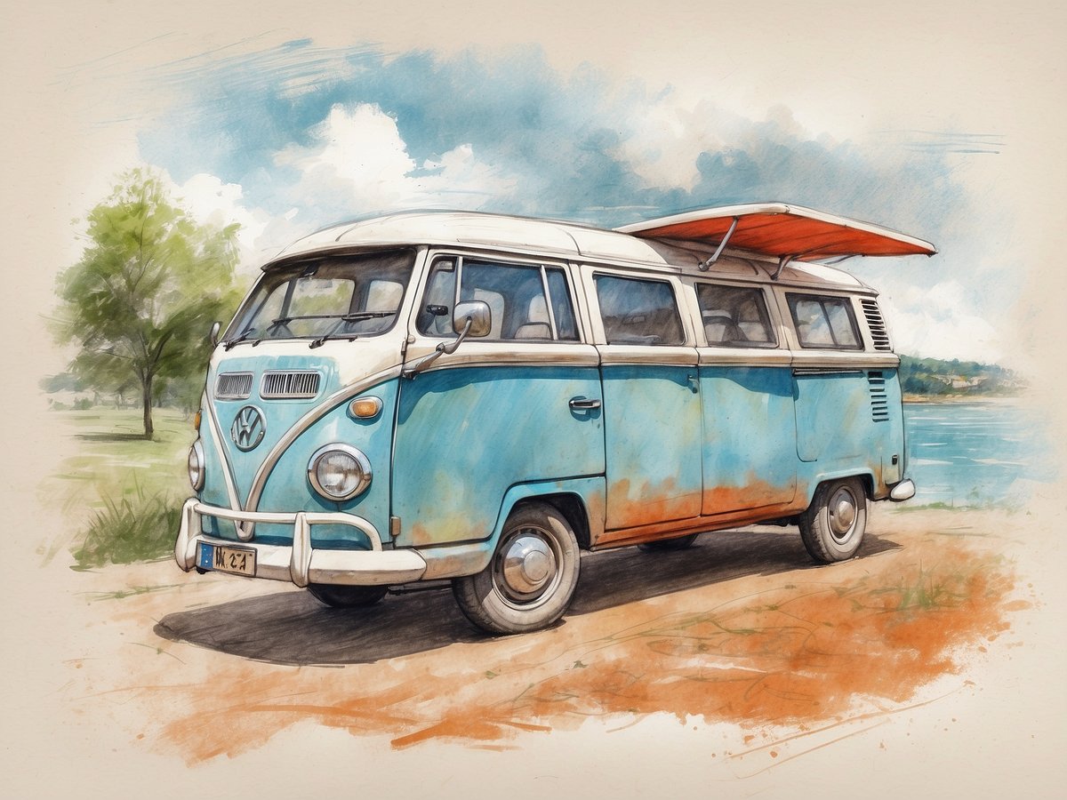 Ein nostalgischer VW Bulli steht auf einem sandigen Weg am Ufer eines Gewässers. Das Fahrzeug ist überwiegend hellblau mit orange-rotem Farbverlauf und hat ein geöffnetes Dach, das eine entspannte Urlaubsatmosphäre vermittelt. Im Hintergrund sind grüne Bäume und ein bewölkter Himmel zu sehen, was eine friedliche Landschaft schafft. Die Szene strahlt einen Retro-Charme aus, ideal für Reisende und Abenteuerlustige. Wann sind die Sommerferien in Hessen 2024.