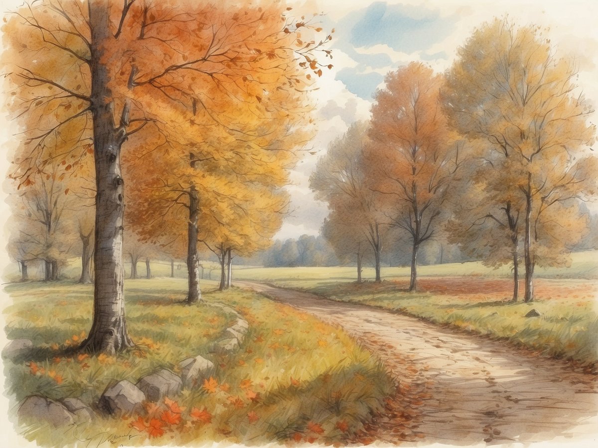 Eine malerische Herbstlandschaft mit bunten Bäumen in leuchtenden Gelb- und Orangetönen, die den Weg säumen. Ein sanfter Kurvenweg führt durch die Szene, umgeben von grünem Gras und gelegentlichen herabgefallenen Blättern. Der Himmel hat hellblaue und graue Wolken, die eine ruhige, herbstliche Stimmung erzeugen. Im Hintergrund sind weitere Bäume sichtbar, was die Tiefe des Bildes verstärkt. Die gesamte Szenerie vermittelt ein Gefühl von Frieden und Naturverbundenheit. 

Wann sind die Herbstferien in Hessen 2024? Die Herbstferien in Hessen 2024 sind vom 14. Oktober bis zum 27. Oktober.