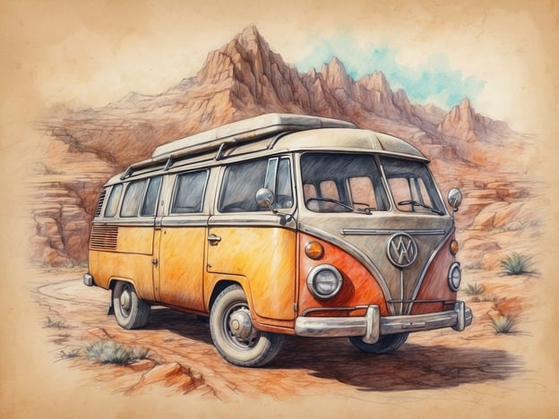 Auf dem Bild ist ein alter VW-Bus zu sehen, der auf einer kurvigen Straße in einer wüstenartigen Landschaft steht. Die Farben des Fahrzeugs sind orange und beige, und im Hintergrund ragen beeindruckende Felsen und Berge auf. 

Wenn du einen Roadtrip planst, könnte ein solcher VW-Bus perfekt für eine abenteuerliche Reise sein. Denk an die Route, die du nehmen möchtest, und die Orte, die du besuchen willst – vielleicht Nationalparks oder malerische Landschaften. Wichtig ist auch, die Übernachtungsmöglichkeiten und Verpflegung einzuplanen, um das Reiseerlebnis zu maximieren!