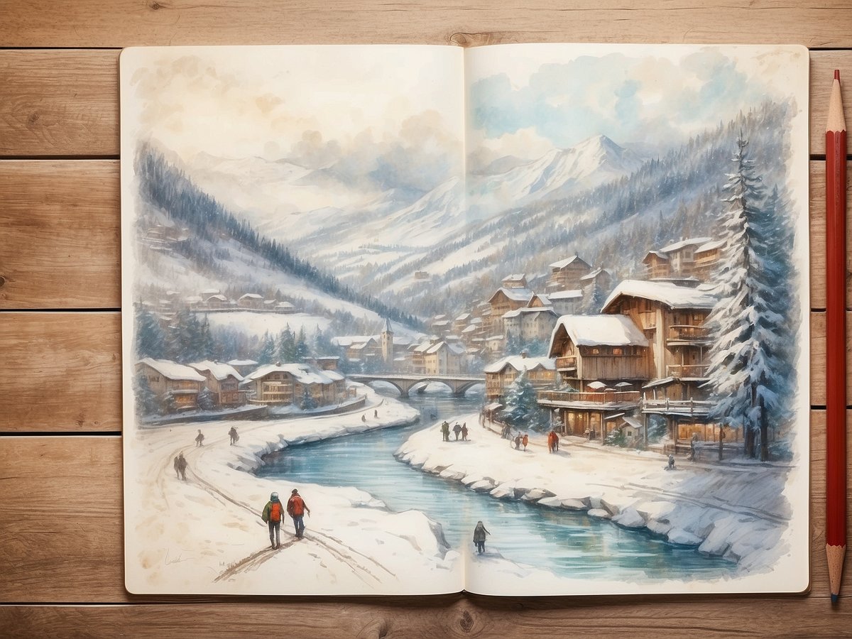 Auf dem Bild ist eine winterliche Landschaft zu sehen, die in einem Skizzenbuch dargestellt ist. Im Vordergrund spazieren zwei Personen in warmer Kleidung auf einem verschneiten Weg entlang eines kleinen Flusses. Auf der rechten Seite stehen Holzchalets und Bäume, die mit Schnee bedeckt sind. Im Hintergrund sind schneebedeckte Berge und weitere Häuser sichtbar, die sich an den Berghang schmiegen. Die gesamte Szenerie wirkt ruhig und einladend, mit einer sanften Farbpalette in Blau, Weiß und Braun. Wann sind die Winterferien in Hessen 2024.