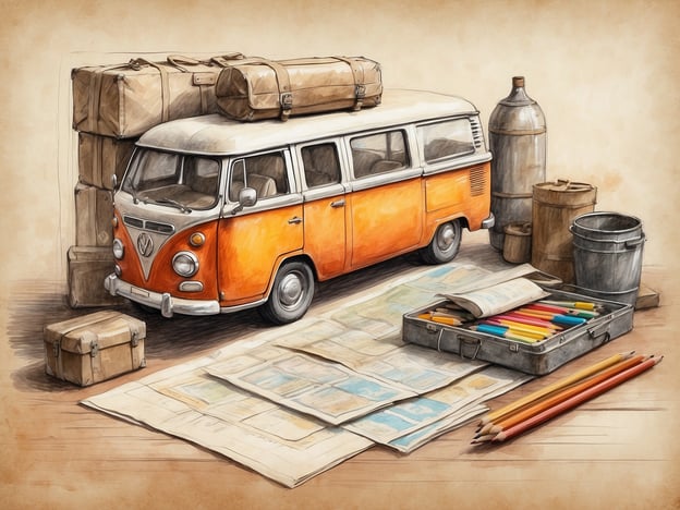 Auf dem Bild ist ein orangefarbener VW-Bus abgebildet, der mit Gepäck und verschiedenen Utensilien für einen Roadtrip vorbereitet ist. Um den Bus herum liegen Koffer, eine große Wasserflasche, ein Eimer und ein Koffer mit bunten Buntstiften. Außerdem sind Landkarten ausgebreitet, was auf die Planung und Vorbereitung für die Reise hinweist. Diese Elemente vermitteln ein Gefühl von Abenteuerlust und Vorfreude auf den bevorstehenden Roadtrip.