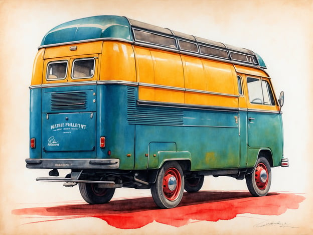 Auf dem Bild ist ein farbenfroher VW-Bus zu sehen, der in den Farben Orange und Blau gestaltet ist. Die Sammlung zeigt das Fahrzeug aus der Rückansicht, wobei der charakteristische Dachträger und die runden Fenster gut zur Geltung kommen. Die Ausstellungstücke zeigen eine detailreiche künstlerische Darstellung des Busses, die die nostalgische Ästhetik der Oldtimer-Transportmittel einfängt. Der Hintergrund ist in sanften Rottönen gehalten, was das Fahrzeug zusätzlich hervorhebt.