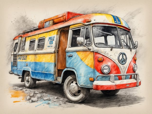 Auf dem Bild ist ein bunt bemalter Volkswagen-Bus zu sehen, der an ein Wohnmobil oder einen Camper erinnert. Wenn du mit einem solchen Fahrzeug auf Roadtrip gehst, ist es wichtig, Sicherheitsvorkehrungen zu treffen. Achte darauf, dass das Fahrzeug in gutem Zustand ist, überprüfe den Reifendruck, die Bremsen und das Motoröl. Stelle sicher, dass alle Passagiere Sicherheitsgurte tragen und plane regelmäßige Pausen ein, um müde Fahrten zu vermeiden. Halte auch eine Notfallausrüstung bereit, die unter anderem ein Erste-Hilfe-Set und Wasser beinhaltet. Viel Spaß auf deiner Reise!