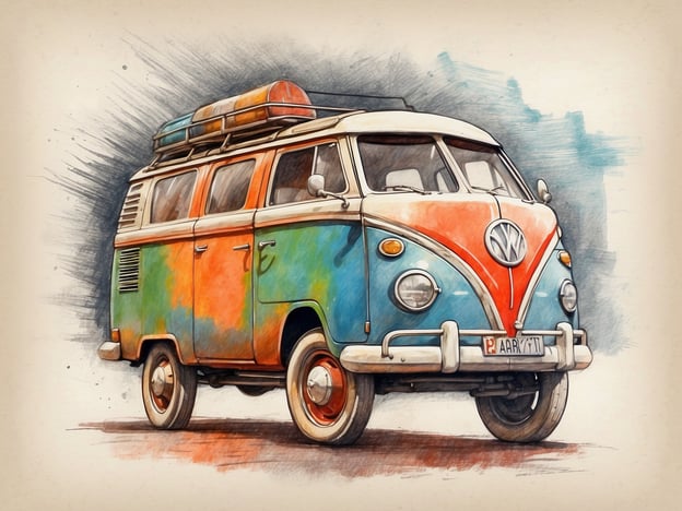 Auf dem Bild ist ein bunt bemalter VW-Bus zu sehen, der wahrscheinlich für Abenteuerreisen und Aktivitäten im Freien genutzt wird. Man könnte sich vorstellen, damit eine aufregende Roadtrip-Tour zu machen, zum Campen am Strand oder zum Erkunden neuer Landschaften. Die große Dachablage deutet darauf hin, dass genügend Stauraum für Gepäck, Surfbretter oder Campingausrüstung vorhanden ist, was perfekt für ein unvergessliches Abenteuer ist!