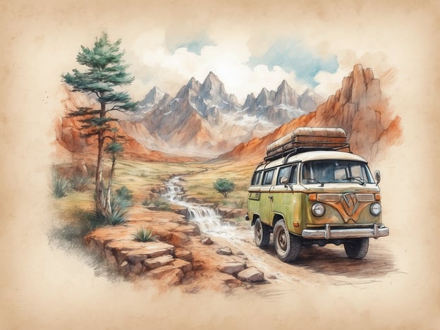 Auf dem Bild ist ein nostalgischer VW-Bus zu sehen, der in einer malerischen, bergigen Landschaft steht. Diese Umgebung bietet eine ideale Kulisse für abenteuerliche Aktivitäten abseits der Touristenströme. 

Hier sind einige Vorschläge:

1. **Wanderungen**: Erkunde abgelegene Wanderwege, die einen herrlichen Blick auf die umliegenden Berge und Täler bieten.
2. **Wildcamping**: Verbringe eine Nacht unter dem Sternenhimmel, fernab von städtischen Lichtquellen.
3. **Fotografie**: Nutze die atemberaubenden Landschaften für faszinierende Landschafts- und Naturfotografien.
4. **Bergsteiger-Abenteuer**: Suche nach weniger bekannten Kletterrouten in der Region.
5. **Angeln**: Finde ruhige Bäche oder Seen in der Nähe, um deine Angelrute auszupacken und die Natur zu genießen. 

Solche Aktivitäten ermöglichen dir, die Schönheit der Natur ungestört zu erleben und echte Abenteuer zu erleben.