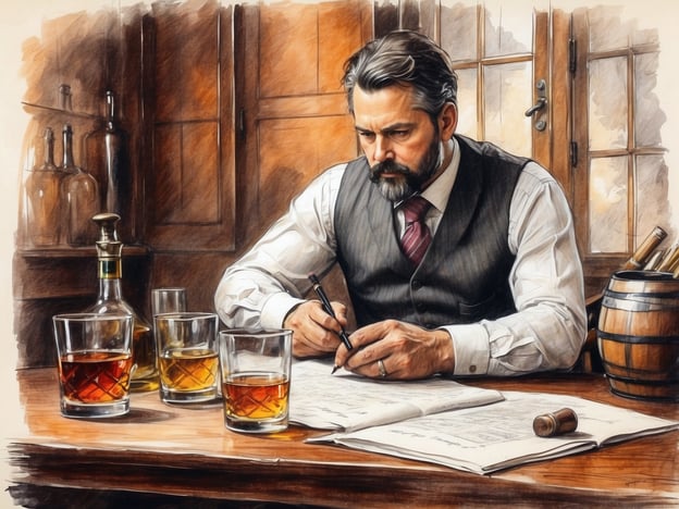 Auf dem Bild sieht man einen Mann, der in einem eleganten Umfeld sitzt und Notizen macht. Auf dem Tisch befinden sich mehrere Gläser mit Whisky, die die einzigartige Whisky-Kultur erleben. Um ihn herum sind verschiedene Utensilien, die mit der Whisky-Herstellung und -Genuss in Verbindung stehen, wie eine Karaffe und ein kleiner Eimer. Die Szenerie strahlt eine Atmosphäre von Tradition und Handwerklichkeit aus, die die Wertschätzung eines hochwertigen Whiskys hervorhebt.