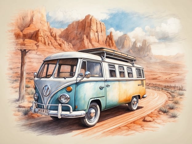 Auf dem Bild ist ein nostalgischer VW-Bus in einer Wüstenlandschaft zu sehen, umgeben von beeindruckenden roten Felsen. Dieser Ort eignet sich perfekt für einen Roadtrip, da die malerische Kulisse und die kurvenreichen Straßen zu Erkundungen einladen. 

Bei der Planung deines Roadtrips solltest du ähnliche Sehenswürdigkeiten in Betracht ziehen, die spannende Landschaften und Abenteuer bieten. Achte darauf, genügend Snacks und Wasser mitzunehmen, sowie Übernachtungsmöglichkeiten entlang der Route zu planen. Die Freiheit, die ein Roadtrip mit sich bringt, kann durch solche einzigartigen Orte, wie die im Bild dargestellte Umgebung, noch verstärkt werden!