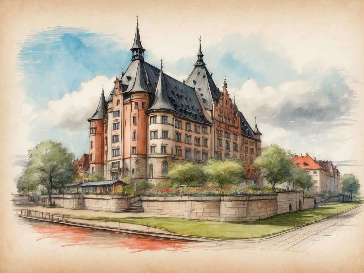 Ein beeindruckendes historisches Gebäude mit mehreren Türmen und einem markanten Dach ist dargestellt. Es hat eine Kombination aus roten und sandfarbenen Fassaden und ist von einer gepflegten Gartenlandschaft mit Bäumen und Blumen umgeben. Im Vordergrund verläuft ein wasserreicher Bereich, während im Hintergrund weitere Wohnhäuser zu sehen sind. Die Himmel ist blau mit einigen Wolken, was eine angenehme Atmosphäre schafft.
Wann sind die Pfingstferien in Niedersachsen 2024?