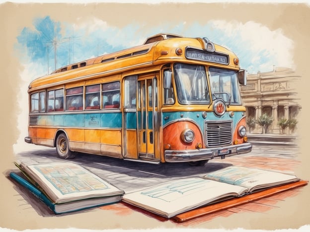 Auf dem Bild ist ein farbenfroher Bus zu sehen, der im Vintage-Stil gestaltet ist. Der Bus hat orangefarbene und türkise Elemente und steht auf einer Straße. Vor dem Bus liegen ein geöffnetes Buch und ein Schreibgerät, die möglicherweise Reiseinformationen oder einen Stadtplan enthalten. Die Umgebung wirkt sonnig und freundlich, und im Hintergrund sind architektonische Elemente oder Gebäude zu sehen, die dem Bild eine städtische Atmosphäre verleihen.

**Die Route planen:** Um mit diesem Bus zu reisen, könnten Sie zunächst einen Stadtplan oder eine Fahrplanauskunft konsultieren, um die besten Routen und Haltestellen zu finden. Überprüfen Sie die Abfahrtszeiten und planen Sie Ihre Reise entsprechend, um Ihr Ziel bequem zu erreichen.