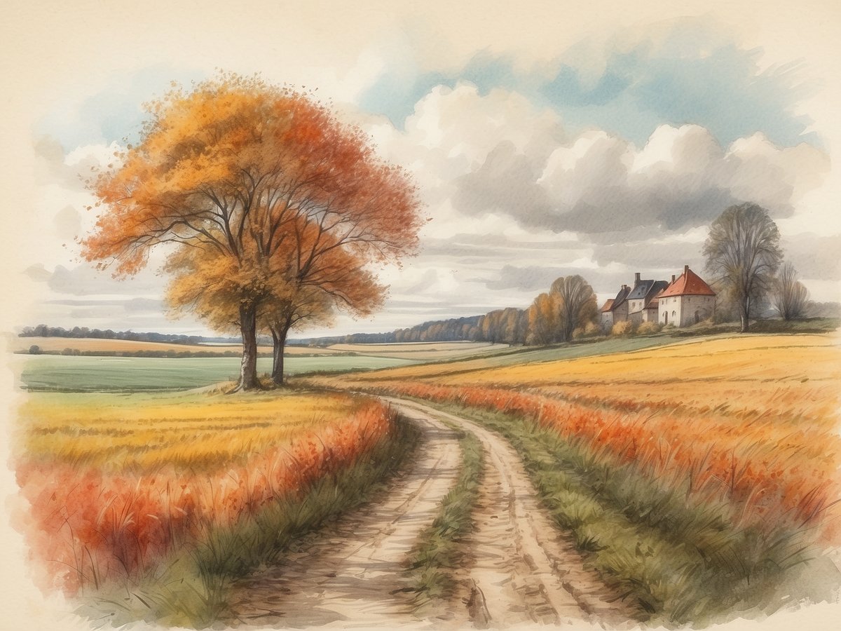 Eine malerische Herbstlandschaft zeigt einen gewundenen Weg, der durch ein Feld mit goldenen und roten Gräsern führt. Am Wegesrand stehen zwei große Bäume mit leuchtend orangefarbenem Laub. Im Hintergrund sind sanfte Hügel und ein paar Häuser mit roten Dächern zu sehen, die von Bäumen umgeben sind. Der Himmel ist teils bewölkt, wodurch eine ruhige und friedliche Atmosphäre entsteht. Wann sind die Herbstferien in Nordrhein-Westfalen 2024.