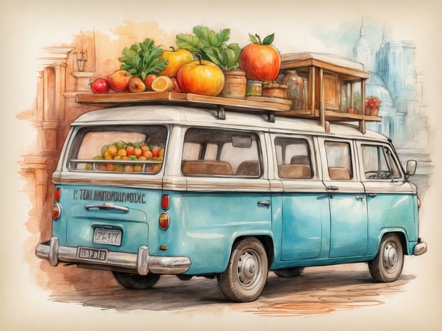 Auf dem Bild ist ein farbenfroher Oldtimer-Bus zu sehen, der mit frischem Obst und Gemüse auf dem Dach beladen ist. Dieses Bild evoziert die Atmosphäre eines lebhaften Marktes, wo regionale kulinarische Genüsse im Vordergrund stehen. 

Der Bus könnte in einer malerischen Stadt stehen, umgeben von historischen Gebäuden, die kulturelle Highlights zeigen. Solche Märkte bieten oft eine Vielzahl von lokalen Spezialitäten, wie zum Beispiel frisch gepresste Säfte oder traditionelle Snacks, die aus den frischen Zutaten zubereitet werden. 

Die Kombination aus dem charmanten Oldtimer und den bunten Früchten bringt das Lebensgefühl und die Freude an gutem Essen und gemeinschaftlichem Austausch sehr schön zum Ausdruck.