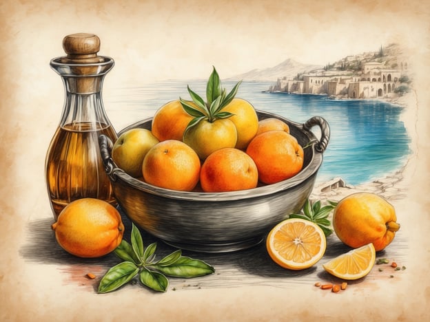 Auf dem Bild ist eine ansprechende Komposition aus frischen Orangen und einer Flasche Olivenöl zu sehen. Die Orangen liegen in einem silbernen Gefäß, und einige von ihnen sind halbiert, um ihr saftiges Inneres zu zeigen. Neben den Orangen befinden sich einige grüne Blätter, die die Frische der Früchte unterstreichen. Im Hintergrund sieht man eine Küstenlandschaft mit einer malerischen Aussicht. Diese Darstellung kombiniert die fruchtige Süße der Orangen mit dem reinen Olivenöl, was eine harmonische Verbindung von Geschmack und Natur symbolisiert. Es spiegelt die Wertschätzung für die mediterrane Küche und die Kunst des Olivenöls wider.