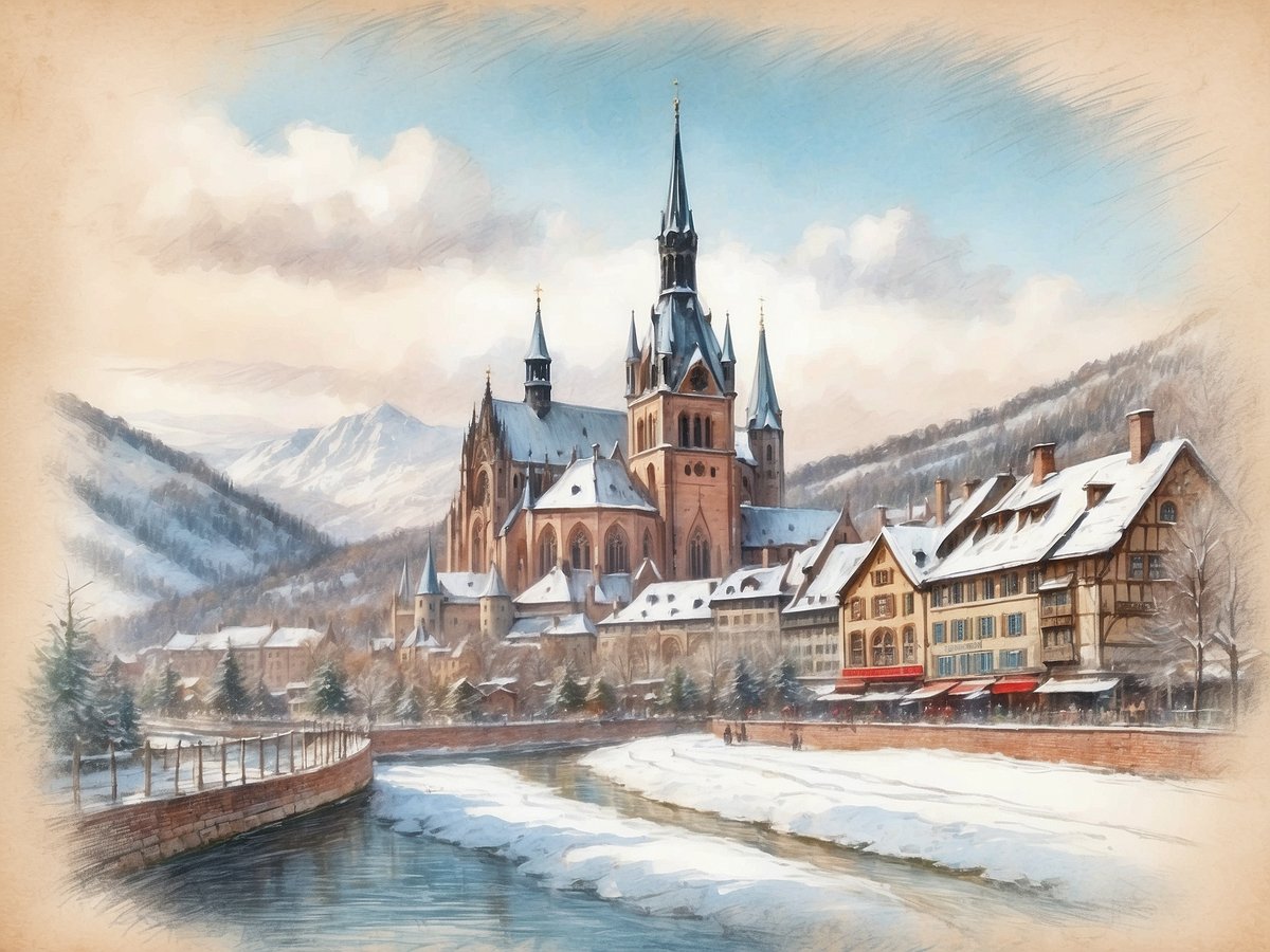 Eine malerische Winterlandschaft zeigt eine beeindruckende Kirche mit hohen Türmen, umgeben von schneebedeckten Bergen. Im Vordergrund fließt ein ruhiger Fluss, der teilweise zugefroren ist, und auf beiden Seiten des Ufers stehen schneebedeckte Bäume. Rechts sind charmante, historische Gebäude mit farbigen Fensterläden und einem überdachten Bereich zu sehen, der möglicherweise eine Gastronomie beherbergt. Die gesamte Szenerie strahlt eine friedliche und festliche Stimmung aus, die an die Adventszeit erinnert. Wann sind die Weihnachtsferien in Nordrhein-Westfalen 2024?