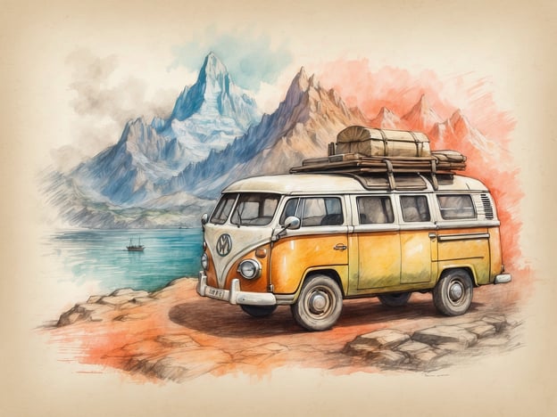 Auf dem Bild ist ein nostalgischer Volkswagen-Bus zu sehen, der am Ufer eines Sees steht. Im Hintergrund erheben sich majestätische Berge, die von einer malerischen Landschaft umgeben sind. Diese Szene könnte perfekt zu deiner Planung für einen Roadtrip durch Kanada passen, besonders wenn du an atemberaubenden Naturansichten und Outdoor-Abenteuern interessiert bist. 

Du könntest dir eine Route entlang der Rocky Mountains überlegen, wo du solche Landschaften entdecken kannst. Vergiss nicht, die Ausrüstung für Camping und Wandern im Bus zu verstauen, um die unvergessliche Natur Kanadas in vollem Umfang genießen zu können.