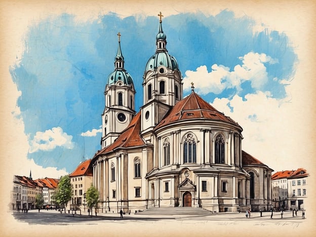 Auf dem Bild ist eine beeindruckende Kirche zu sehen, die an die prächtigen Bauwerke erinnert, die in "Die Geschichte des Alten Peter" beschrieben werden. Diese Geschichte erzählt von einer alten Kirche, die über Jahrhunderte hinweg Menschen mit ihrem Glanz und ihrer Spiritualität anzieht. 

Die Türme der Kirche ragen majestätisch in den Himmel, während die kunstvollen Details an der Fassade die Handwerkskunst und die Geschichte widerspiegeln. Um die Kirche herum befinden sich Bäume und Platz, der zum Verweilen einlädt, so wie es Menschen tun, die die Schönheit und Bedeutung dieses Ortes wertschätzen. Der Himmel ist strahlend blau und verleiht dem ganzen Bild eine heitere Atmosphäre, die zum Nachdenken und zur Besinnung einlädt.