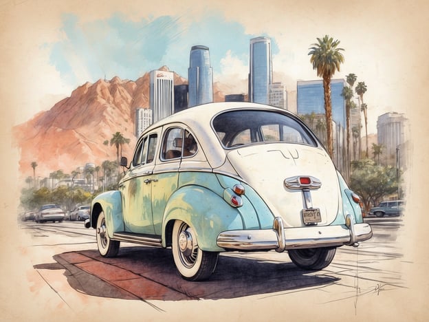 Auf dem Bild ist ein klassisches Auto zu sehen, das auf einer Straße in Los Angeles geparkt ist. Im Hintergrund erheben sich moderne Wolkenkratzer, während im Vordergrund Palmen zu sehen sind, die das typische Flair von Los Angeles verstärken. Die Kombination aus dem nostalgischen Auto und der zeitgenössischen Skyline vermittelt ein Gefühl von Geschichte und modernem Lebensstil in der „Stadt der Engel“. Die umliegenden Berge und das besondere Licht tragen zur ikonischen Atmosphäre dieser Stadt bei.