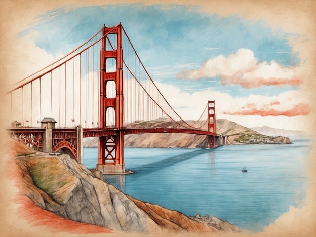 Auf dem Bild ist die Golden Gate Bridge in San Francisco zu sehen. Diese ikonische Brücke ist bekannt für ihre markante orange-rote Farbe und ihre beeindruckende Architektur. Im Hintergrund sind sanfte Hügel und das Wasser der Bucht von San Francisco zu erkennen, was eine malerische Kulisse schafft. Das Bild vermittelt eine ruhige und ansprechende Atmosphäre, die typisch für diese Region ist.