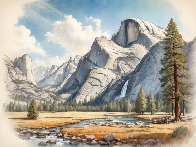 Auf dem Bild ist eine beeindruckende Landschaft des Yosemite-Nationalparks zu sehen. Majestätische Berge erheben sich im Hintergrund, während ein malerischer Fluss durch die Landschaft fließt. Die Szene wird von grünen Bäumen und goldenen Wiesen ergänzt, die den natürlichen Reichtum und die Schönheit dieses Naturparadieses eindrucksvoll widerspiegeln. Yosemite-Nationalpark: Naturparadies erleben!