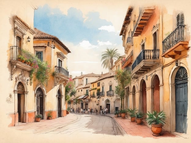 Auf dem Bild ist eine malerische Straße mit charmanten, bunten Gebäuden zu sehen, die an die traditionelle Architektur in Andalusien erinnern. Möglicherweise könnte es sich um eine Szene aus Städten wie Ronda, Marbella oder Córdoba handeln. Diese Orte sind bekannt für ihre schönen, engen Gassen, Blumenkästen und historischen Fassaden, die eine einladende Atmosphäre schaffen. Die Palmen und die sonnige Umgebung tragen zum südlichen Flair bei, das typisch für die Region Andalusien ist.