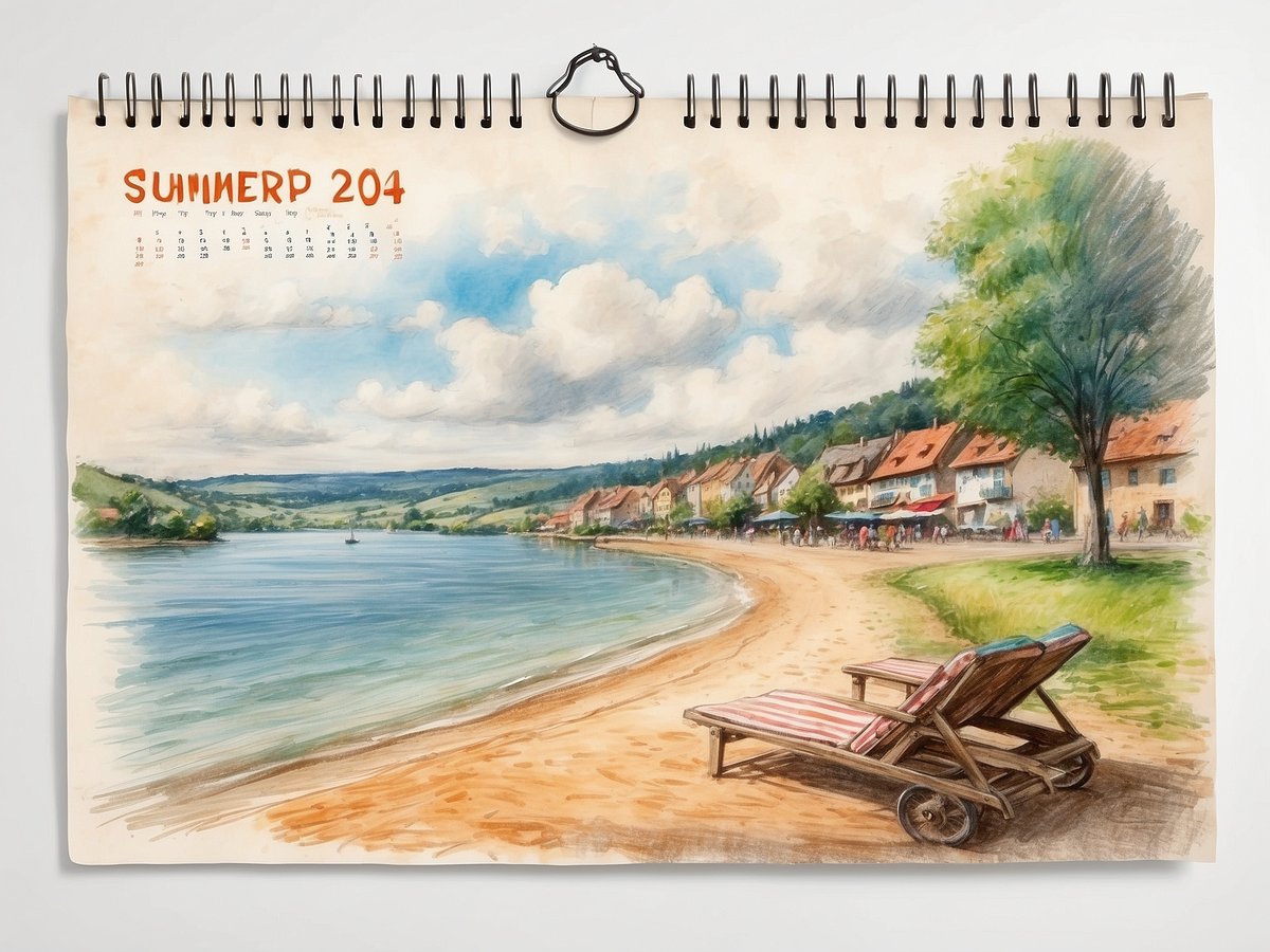 Eine malerische Flusslandschaft ist zu sehen, mit einem Sandstrand, auf dem zwei Liegestühle stehen. Im Hintergrund verläuft das Wasser friedlich, während einige Boote und Wellen sichtbar sind. Am Ufer stehen bunte Häuser mit roten Dächern, und eine Promenade mit Menschen zieht sich entlang des Strandes. Der Himmel ist blau mit einigen Wolken. Diese Szene vermittelt eine entspannte Urlaubsatmosphäre, perfekt für die Sommerferien in Rheinland-Pfalz 2024, die vom 15. Juli bis 27. August stattfinden.