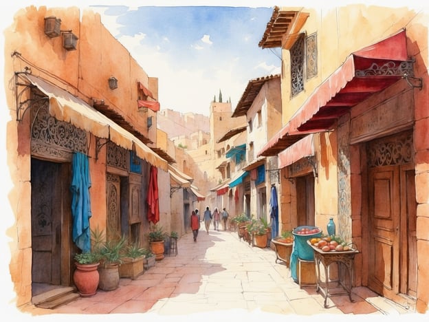 Auf dem Bild ist eine malerische Gasse in Marrakesch zu sehen. Die Straße ist gesäumt von traditionell gestalteten Gebäuden mit dekorativen Fassaden und Farbtönen in warmen, erdigen Tönen. Über den Eingängen hängen Markisen in verschiedenen Farben, und Töpfe mit grünen Pflanzen zieren die Gehwege. In der Gasse sind einige Menschen zu sehen, die gemächlich schlendern. Es gibt zudem einen Stand mit Obst, der in der Sonne steht und die lebhafte Atmosphäre der Stadt widerspiegelt.