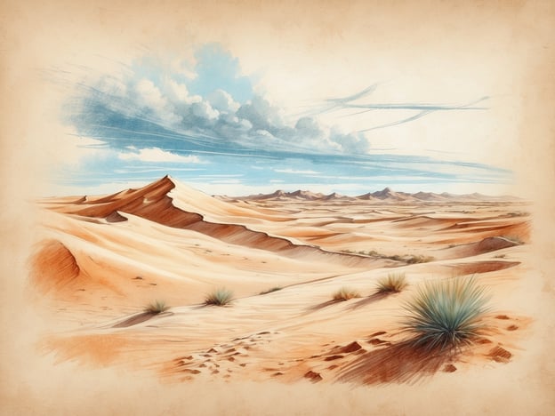 Auf dem Bild ist eine malerische Landschaft der Sahara-Wüste zu sehen. Die Sanddünen sind sanft geschwungen und variieren in ihren Höhen und Formen. Der Himmel ist hell mit einigen Wolken, die eine friedliche Atmosphäre schaffen. In der Wüste sind einige grüne Pflanzen zu erkennen, die sich an die harschen Bedingungen angepasst haben. Insgesamt vermittelt das Bild ein Gefühl von Weite und Ruhe, typisch für das Wüstenszenario.