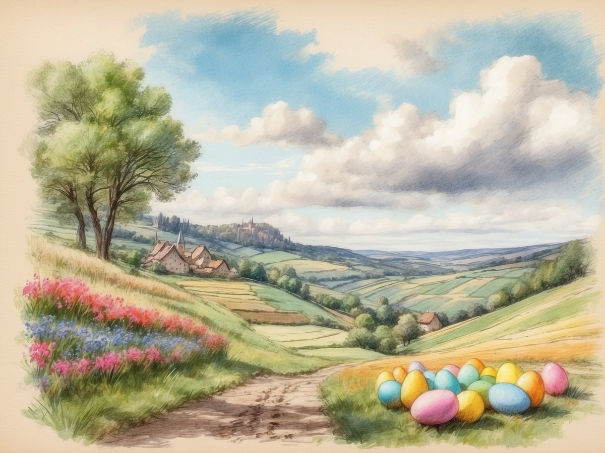 Eine malerische Frühlingslandschaft mit sanften Hügeln, bunten Blumenwiesen und einem kleinen Dorf im Hintergrund. Auf einem von Bäumen gesäumten Weg liegen verschiedene bunte Ostereier verstreut. Der Himmel ist blau mit einigen weißen Wolken, und die Szenerie strahlt eine ruhige, fröhliche Atmosphäre aus, die zur bevorstehenden Osterzeit passt. Wann sind die Osterferien in Rheinland-Pfalz 2024.