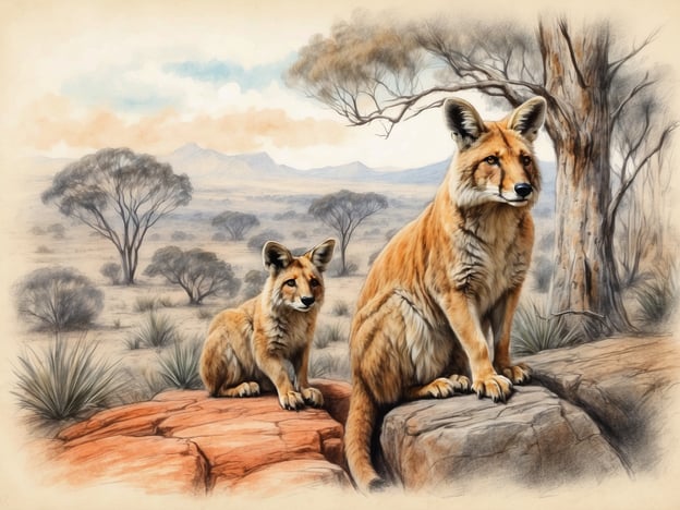 Auf dem Bild sind zwei Dingo-Welpen zu sehen, die in der einzigartigen australischen Natur sitzen. Sie sind auf einem roten Felsen positioniert, umgeben von der charakteristischen Landschaft Australiens mit verschiedenen Bäumen und einer sanften hügeligen Kulisse im Hintergrund. Die Dinger sind bekannt für ihre Anpassungsfähigkeit und sind Teil des faszinierenden Ökosystems Australiens. Die Beobachtung solcher Tiere in ihrem natürlichen Umfeld bietet einen spannenden Einblick in das Leben der Wildtiere und die Biodiversität der Region.