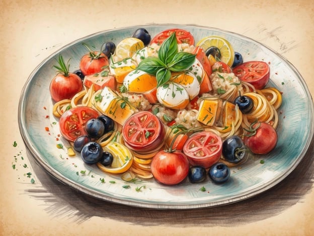 Auf dem Bild ist ein farbenfrohes Gericht zu sehen, das an die kulinarischen Genüsse des Mittelmeers erinnert. Es handelt sich um eine Pastasalat-Variation, die mit frischen Zutaten wie Tomaten, Basilikum, Zitrone und sorgfältig angeordneten Gemüsestücken ansprechend angerichtet ist. Die Kombination von Aromen und die Verwendung von saisonalem Gemüse spiegeln die mediterrane Esskultur wider, die für ihre Frische und Vielfalt bekannt ist.