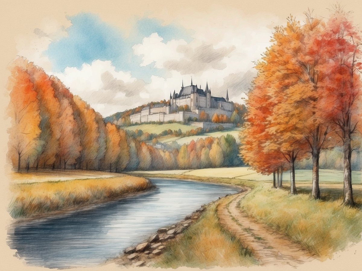 Eine malerische Landschaft zeigt einen Fluss, der sanft durch eine herbstliche Szene fließt. Auf der linken Seite reihen sich Bäume mit leuchtend orange und gelb gefärbtem Laub, die die Farben des Herbstes widerspiegeln. Im Hintergrund ist eine beeindruckende Burg auf einem Hügel zu sehen, umgeben von sanften Hügeln und weiteren Bäumen, die den herbstlichen Farbton betonen. Der Himmel ist teilweise bewölkt und verleiht der Szenerie eine friedliche Atmosphäre. Diese Darstellung fängt die Schönheit einer typischen Herbstlandschaft ein und könnte das Interesse an den Herbstferien im Saarland 2024 wecken.