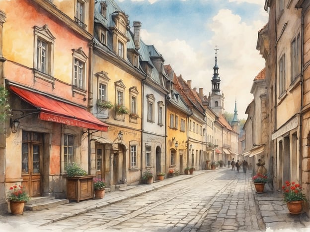 Auf dem Bild ist eine malerische Straße in einer polnischen Altstadt zu sehen. Die Häuser sind in warmen Farben gehalten und haben hübsche Fenster mit Blumenkästen. Es gibt einen roten Sonnenschirm vor einem der Geschäfte und die Pflastersteine der Straße verleihen dem Ort einen historischen Charme. Im Hintergrund ist ein Kirchturm sichtbar, was auf die historische Tiefe dieser Stadt hinweist. Solche Szenen sind typisch für die Altstädte Polens, wo Architektur und Atmosphäre eine reiche Geschichte widerspiegeln.