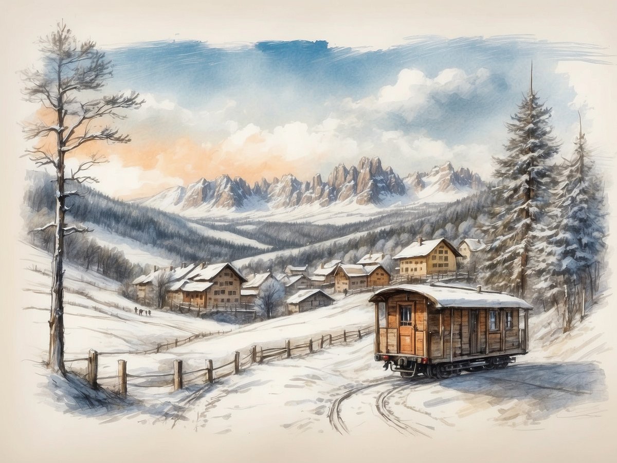 Eine winterliche Landschaft mit schneebedeckten Hügeln und malerischen Bergen im Hintergrund. Im Vordergrund steht ein nostalgischer Holzbahnwagen, der auf einer verschneiten Gleisanlage abgestellt ist. Umgeben von schneebedeckten Tannenbäumen und einem niedrigen Zaun. Im Hintergrund sind einige traditionelle Häuser in einem Tal sichtbar. Der Himmel zeigt sanfte Farben im Sonnenaufgang oder Sonnenuntergang. Wann sind die Winterferien im Saarland 2024?