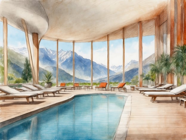 Auf dem Bild ist ein eleganter Innenbereich mit einem Pool zu sehen, umgeben von großen Fenstern, die einen Blick auf die Berge bieten. Diese Umgebung lädt zu verschiedenen Aktivitäten und Freizeitmöglichkeiten ein, wie zum Beispiel:

1. **Entspannen am Pool**: Die Liegen bieten einen komfortablen Platz, um ein Buch zu lesen oder einfach die Aussicht zu genießen.
2. **Schwimmen**: Der Pool lädt dazu ein, eine Runde zu schwimmen und sich zu erfrischen.
3. **Wellness**: Diese Art von Raum eignet sich hervorragend für Wellness-Anwendungen wie Massagen oder Spa-Behandlungen.
4. **Meditation oder Yoga**: Die ruhige Atmosphäre und die schöne Aussicht sind ideal für Meditation oder Yoga.
5. **Geselligkeit**: Der Bereich bietet Platz für gesellige Zusammenkünfte mit Freunden oder Familie.

In einer solch idyllischen Umgebung kann man sich wunderbar erholen und die Natur genießen.