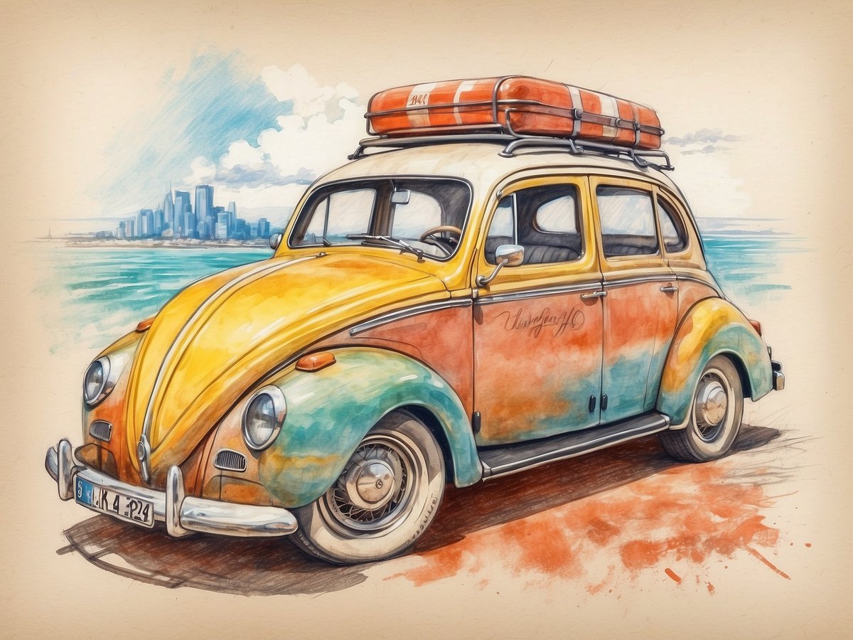 Ein buntes, vintage Auto steht am Strand mit der Skyline einer Stadt im Hintergrund. Das Auto hat eine auffällige orange-blaue Lackierung und ein Dachgepäckträger mit einer roten Reisetasche. Der Himmel ist teilweise bewölkt, und das Wasser glitzert in verschiedenen Blautönen. Die gesamte Szene vermittelt ein Gefühl von Sommer und Abenteuer, geeignet für einen Roadtrip. Wann sind die Sommerferien in Sachsen 2024?