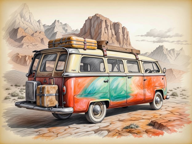 Auf dem Bild ist ein farbenfroher VW-Bus zu sehen, der in einer malerischen Wüstenlandschaft parkt. Der Bus hat ein auffälliges Design mit bunten Farben, die an Sommer und Abenteuer erinnern. Auf dem Dach sind Gepäckstücke befestigt, was darauf hindeutet, dass er für eine Reise vorbereitet ist. Im Hintergrund erhebt sich eine beeindruckende Berglandschaft, die dem Bild eine dramatische Kulisse verleiht. Die gesamte Szene vermittelt ein Gefühl von Freiheit und Erkundung.