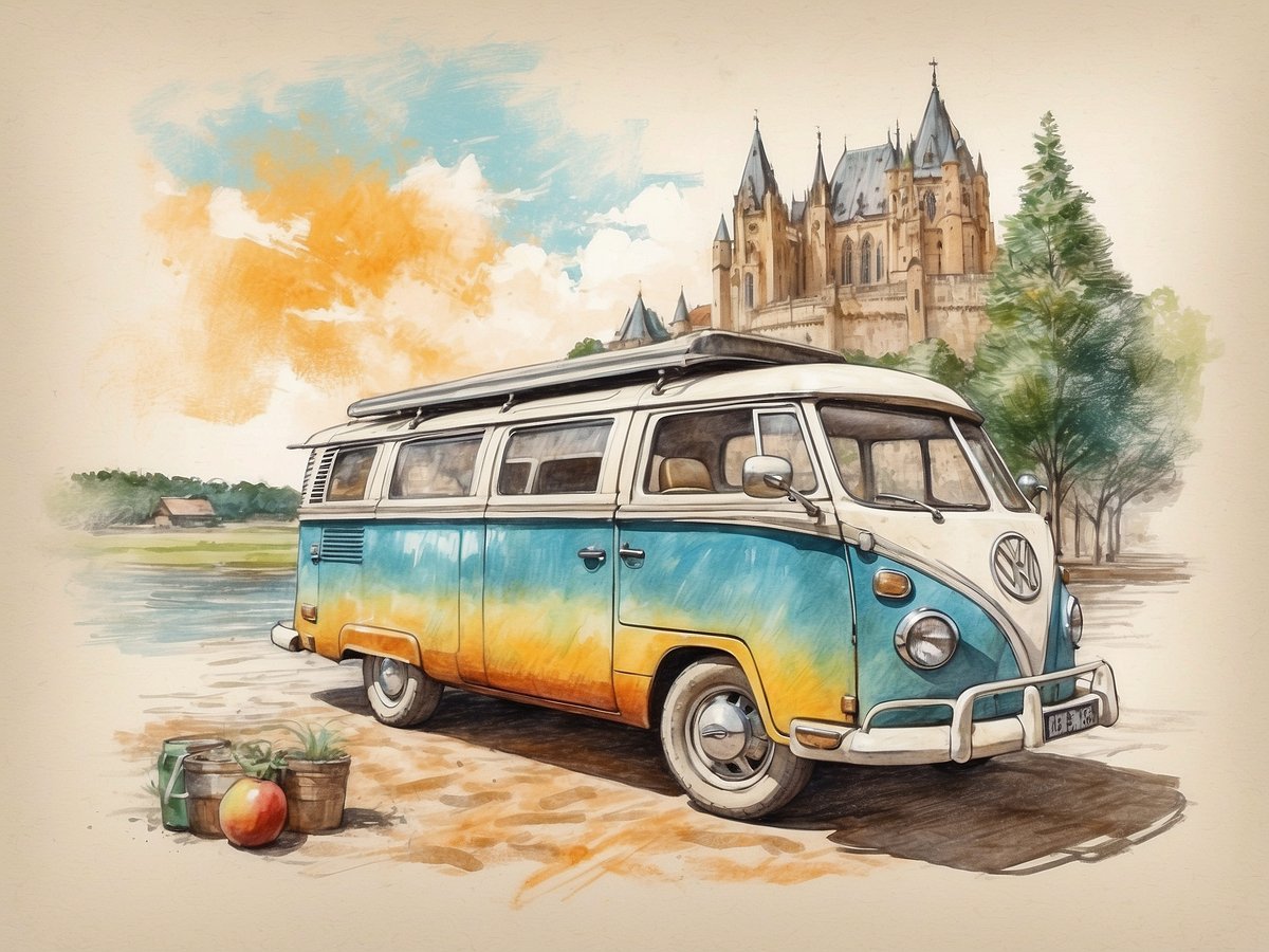 Ein farbenfroher VW-Bus steht auf einem sandigen Boden am Ufer eines Gewässers. Im Hintergrund sind grüne Bäume und ein beeindruckendes historisches Gebäude mit einem spitzen Turm zu sehen. Neben dem Bus befinden sich einige Eimer und eine große, rote Frucht. Der Himmel ist blau mit orangefarbenen Wolken. Wann sind die Sommerferien in Sachsen-Anhalt 2024.