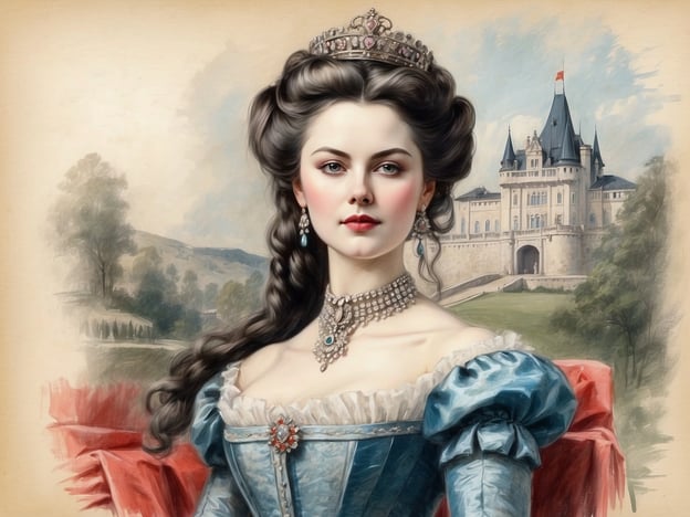 Auf dem Bild sieht man eine elegante Frau in historischer Kleidung, scheinbar inspiriert von der Figur der Kaiserin Elisabeth, auch bekannt als Sisi. Sie trägt eine prächtige Frisur und Schmuck, der an die Opulenz ihrer Zeit erinnert. Im Hintergrund ist ein majestätisches Schloss zu erkennen, das an Schloss Trauttmansdorff erinnert, wo die Kaiserin oft Zeit verbrachte, um sich zu erholen und die Schönheit der Natur zu genießen. 

Schloss Trauttmansdorff war ein wichtiger Rückzugsort für Sisi, der ihr half, den Druck des kaiserlichen Lebens zu entkommen. Die Gartenanlagen und die atemberaubende Aussicht der Umgebung boten ihr einen Ort der Inspiration und Entspannung.