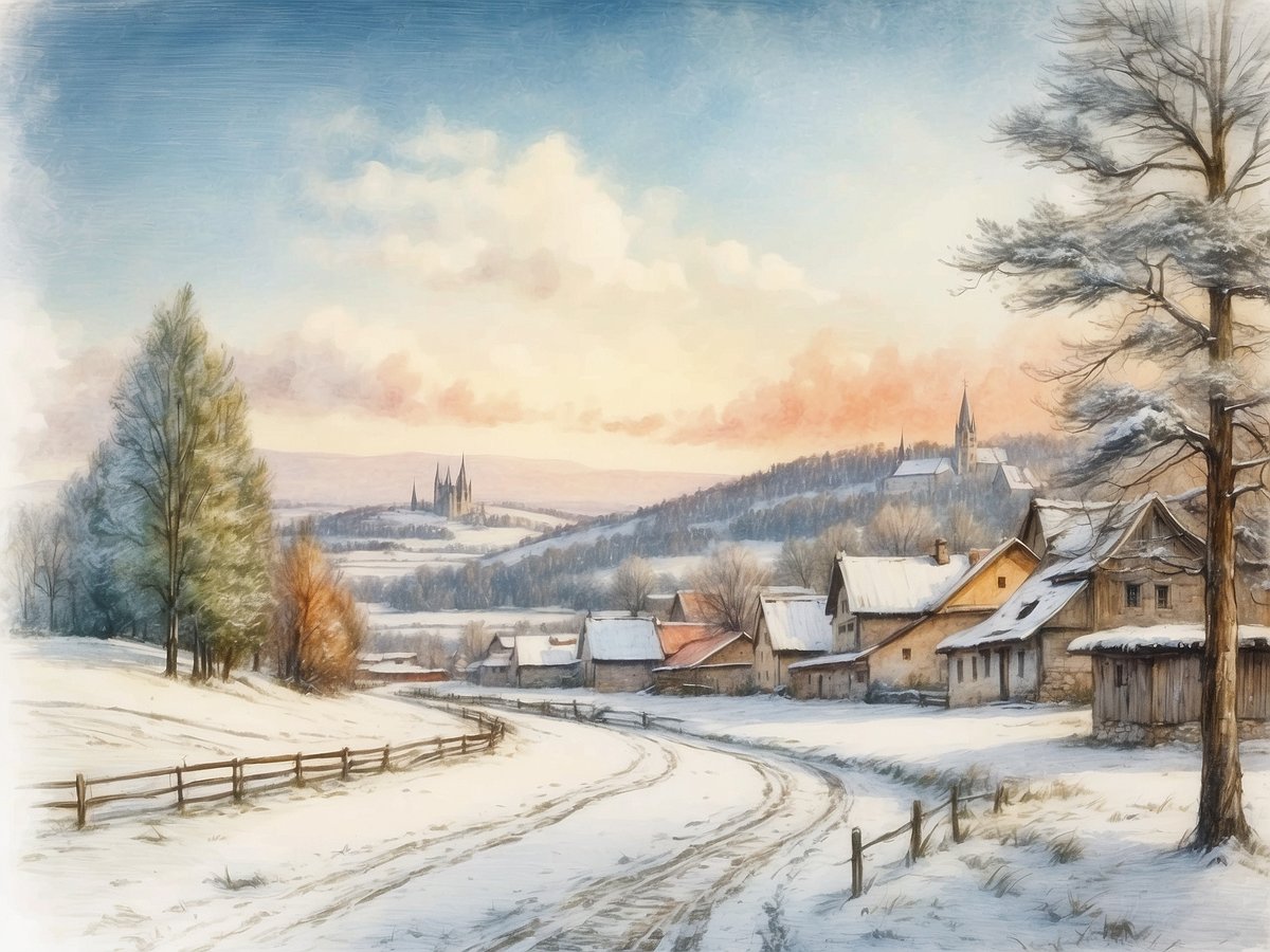 Eine winterliche Landschaft mit schneebedeckten Feldern und sanften Hügeln. Im Vordergrund schlängelt sich ein Weg durch die verschneite Umgebung. Auf der linken Seite stehen einige schlanke Bäume, von denen einer grün ist und der andere blattlos. Rechts sind traditionelle, rustikale Gebäude mit schneebedeckten Dächern zu sehen. Im Hintergrund erhebt sich eine hügelige Szenerie mit einem markanten kirchlichen Bau, der von weiteren Bäumen umgeben ist. Der Himmel ist in warmen Pastellfarben gefärbt, was auf den Sonnenuntergang hindeutet. 

Wann sind die Winterferien in Sachsen-Anhalt 2024?