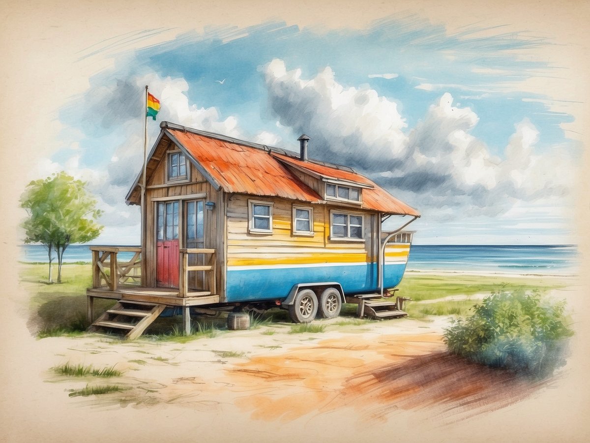 Ein bunt gestrichenes Tiny House mit einem roten Dach steht an einem Strand. Vor dem Haus gibt es eine kleine Veranda mit Treppe, auf der eine Landesflagge weht. Im Hintergrund sind sanfte Wellen zu sehen, die an den Strand rollen, und der Himmel ist mit einigen Wolken durchzogen. Auf der linken Seite steht ein Baum, der dem Bild eine natürliche Atmosphäre verleiht. Diese Szenerie vermittelt ein Gefühl von Ruhe und Freizeit. Wann sind die Sommerferien in Schleswig-Holstein 2024.