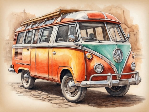 Auf dem Bild ist ein farbenfroher Volkswagen Bus zu sehen, der im vintage Stil gehalten ist. Besucher könnten diesen Bus als eine nostalgische Attraktion betrachten, ideal für Fotoshootings oder als Teil von Veranstaltungen. 

Aktivitäten, die man mit einem solchen Fahrzeug verbinden könnte, sind zum Beispiel Ausflüge in die Natur, Roadtrips oder Camping. Der Bus vermittelt ein Gefühl von Freiheit und Abenteuer, was das Besuchererlebnis besonders macht. Außerdem könnte er als mobile Plattform für Pop-up-Cafés oder Verkaufsstände genutzt werden, was ebenfalls zu einem unvergesslichen Erlebnis beiträgt.