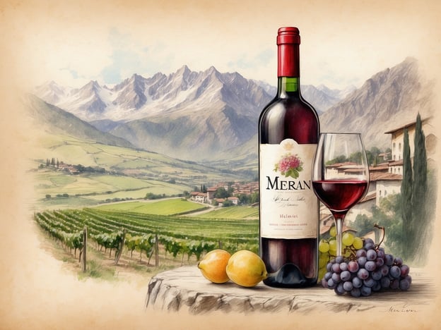 Auf dem Bild sieht man eine malerische Landschaft mit Weinbergen in Meran, umgeben von den majestätischen Alpen. Im Vordergrund steht eine Flasche Rotwein aus Meran, möglicherweise ein Merlot oder ein Lagrein, typischen Rebsorten der Region. Neben der Flasche befindet sich ein Glas Rotwein sowie eine Auswahl an Trauben und Zitronen. Der Anblick vermittelt eine einladende, harmonische Stimmung, die die Weinkultur und die natürliche Schönheit von Meran widerspiegelt.