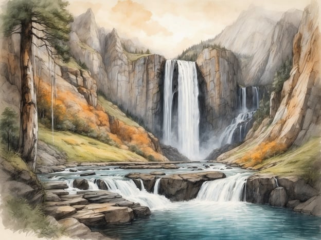 Auf dem Bild ist eine malerische Landschaft mit einem beeindruckenden Wasserfall zu sehen, der über mehrere Stufen herabstürzt. Umgeben von majestätischen Bergen und üppigem Grün, reflektiert das klare Wasser des Flusses die Schönheit der Natur. Diese Szenerie erinnert an die Entdeckung des Partschinser Wasserfalls, der ebenso von beeindruckenden Felsformationen und einer idyllischen Umgebung geprägt ist. Die sanften Farben und das Licht verleihen der Szene eine friedliche Atmosphäre.