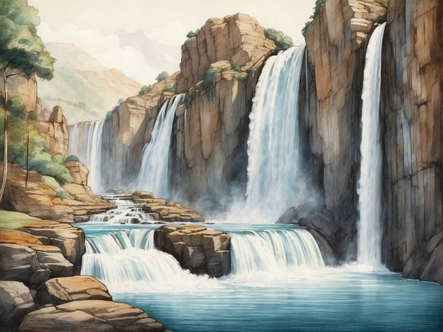 Auf dem Bild ist die natürliche Schönheit eines Wasserfalls zu sehen. Mehrere Wasserfälle plätschern majestätisch über steile Felsen und schaffen eine harmonische Ansicht zwischen Wasser und Felsen. Das Wasser strömt in einem klaren, blauen Fluss, der von üppigem Grün und sanften Hügeln umgeben ist. Die gesamte Szenerie vermittelt ein Gefühl von Ruhe und Erhabenheit, während der Wasserfall energiegeladen herabstürzt und die Kraft der Natur verdeutlicht.