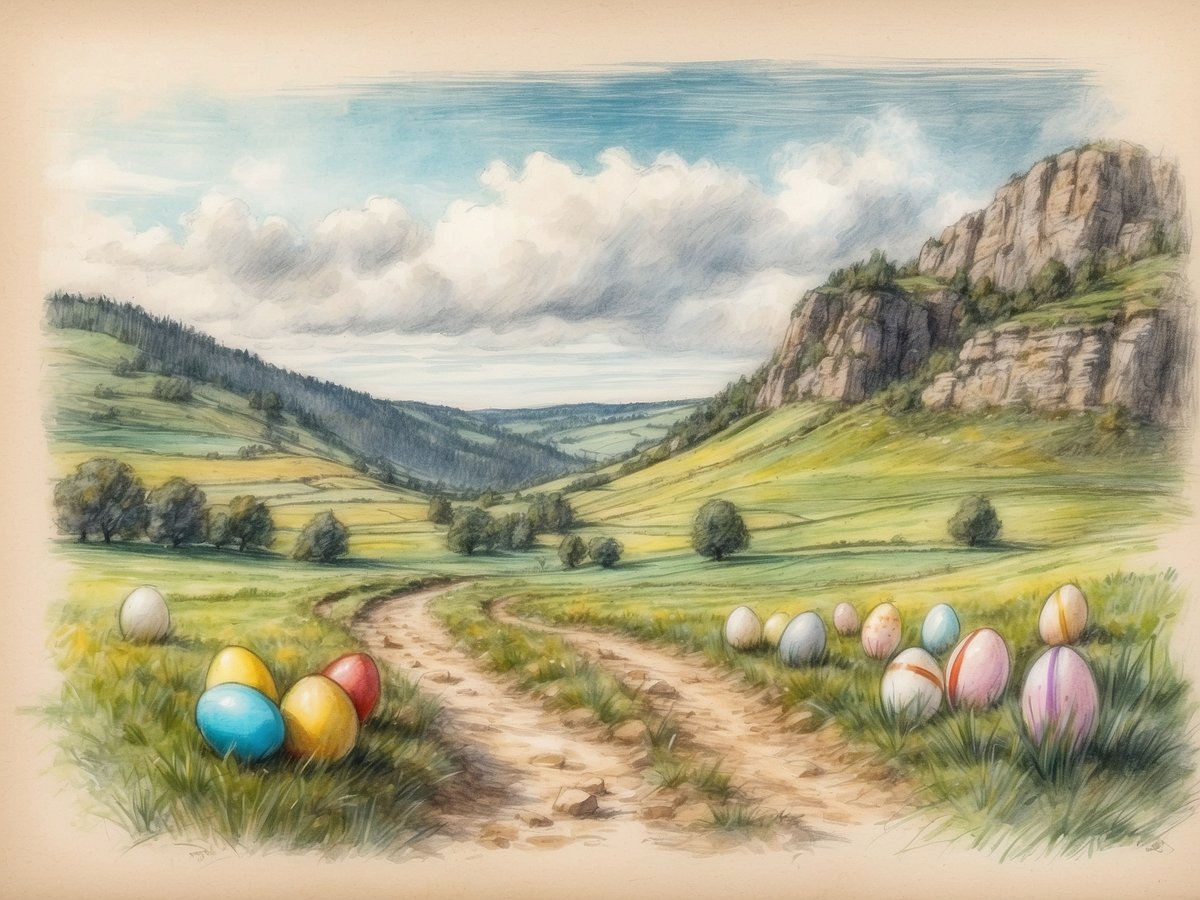 Eine malerische Landschaft zeigt einen Weg, der durch grüne Wiesen führt, umgeben von sanften Hügeln und einem hügeligen Gelände. Im Vordergrund liegen bunte Ostereier in verschiedenen Farben, darunter Gelb, Blau, Rot und Weiß. Die Szenerie wird von einem strahlend blauen Himmel mit wenigen Wolken geziert. Diese friedliche und fröhliche Frühlingslandschaft evoziert den Geist von Ostern. Die Osterferien in Thüringen 2024 sind vom 25. März bis 7. April.