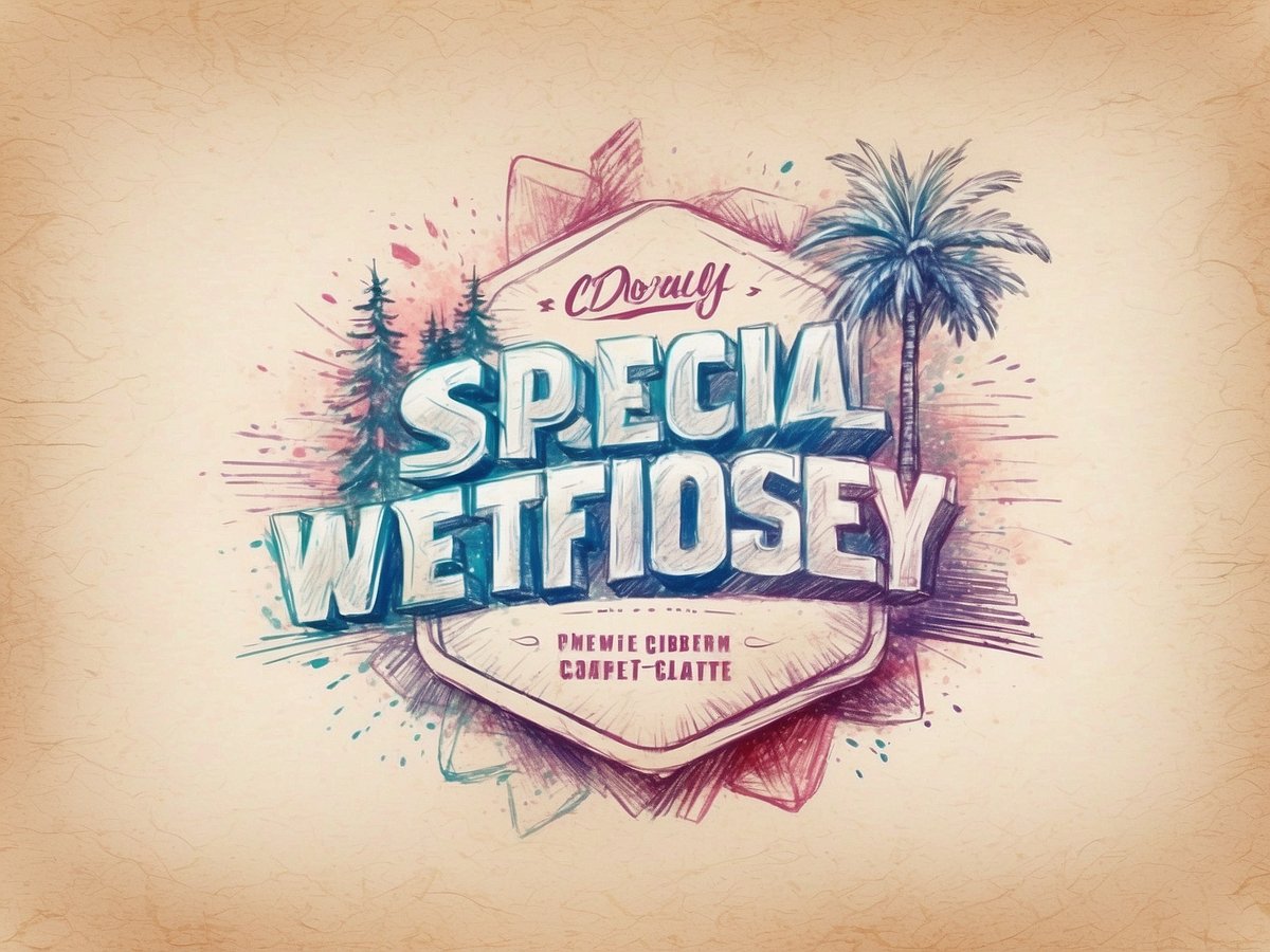 Das Bild zeigt ein künstlerisches Logo oder eine Grafik mit dem Text "SPECIAL WETFIOSEY". Der Schriftzug ist dominant und in kräftigen, blauen Buchstaben gehalten. Um den Schriftzug herum sind illustrativ gestaltete Elemente wie Bäume und Palmen zu sehen, die eine entspannte, tropische Atmosphäre vermitteln. Der Hintergrund hat einen warmen, beige Farbton, der dem gesamten Design einen einladenden Charakter verleiht. Der gesamte Look hat einen handgezeichneten, künstlerischen Stil.