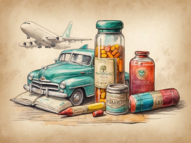 Auf dem Bild sind verschiedene Elemente zu sehen, die mit Reisen und einer Reiseapotheke zu tun haben. Zu erkennen sind ein Flugzeug, ein altes Auto und mehrere Fläschchen mit Medikamenten sowie einige Stifte und ein aufgeschlagenes Buch.

Um eine Reiseapotheke richtig zusammenzustellen, sollte man folgende Punkte berücksichtigen:

1. **Medikamente gegen Schmerzen und Fieber**: Zum Beispiel Paracetamol oder Ibuprofen.
2. **Mittel gegen Übelkeit und Reiseübelkeit**: Wie Dimenhydrinat.
3. **Wund- und Heilsalzen**: Zur Behandlung von kleineren Verletzungen.
4. **Desinfektionsmittel**: Für hygienische Maßnahmen.
5. **Antihistaminika**: Gegen Allergien oder Heuschnupfen.
6. **Mittel gegen Durchfall**: Zum Beispiel Loperamid.
7. **Verbandmaterial**: Für kleinere Verletzungen.
8. **Reiseimpfungen**: Je nach Reiseziel.

Es ist wichtig, die Reiseapotheke je nach persönlichen Bedürfnissen und Reiseziel anzupassen.