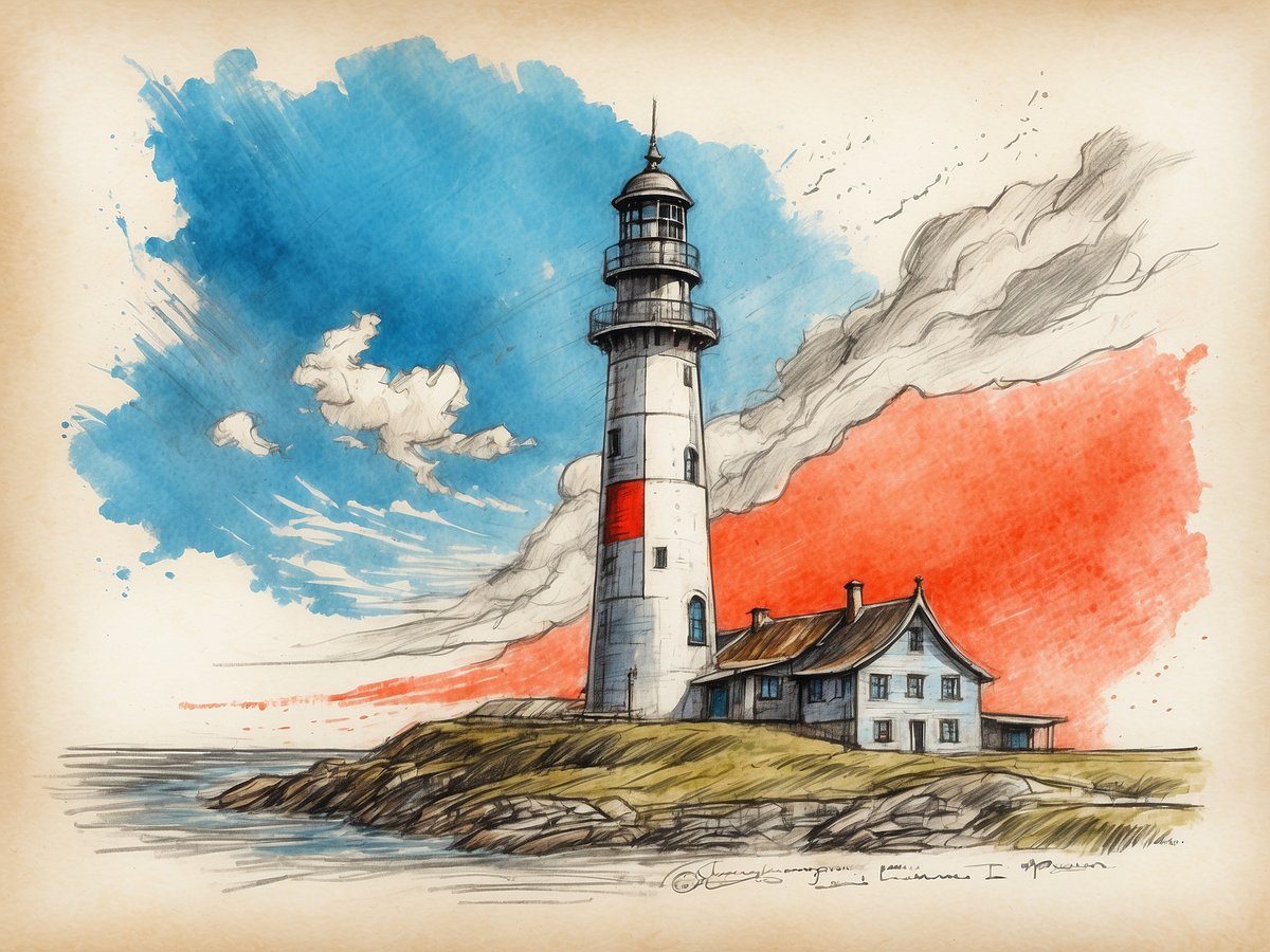 Ein Leuchtturm auf einer kleinen Landzunge, umgeben von Wasser, mit dramatischen Wolkenhimmeln in Blau und Rot. Der Leuchtturm hat einen weißen Turm mit rot und schwarz gehaltenen Details. Im Vordergrund steht ein traditionelles Haus im maritimen Stil, das abgesehen von grünen Wiesen liegt. Die Szenerie vermittelt das Gefühl von Küstennatur und maritimem Flair, typischer für die Region Büsum.