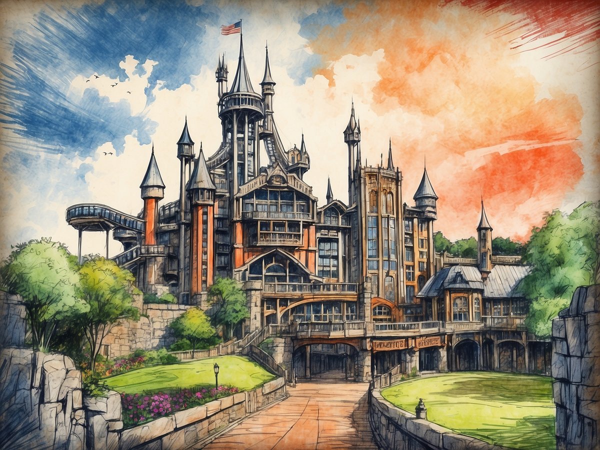 Das Bild zeigt eine kunstvolle Darstellung eines grandiosen Gebäudes im Alton Towers Vergnügungspark im Vereinigten Königreich. Das Gebäude ist von Türmen und Türmchen gekrönt und hat orangefarbene Säulen, die ihm einen imposanten Look verleihen. Um das Gebäude herum sind üppige grüne Bäume und farbenfrohe Blumenbeete angeordnet. Der Himmel ist teilweise bewölkt mit blauem und orangefarbigem Farbverlauf, was eine malerische Atmosphäre schafft. Ein geschwungener Weg führt zum Eingang des Gebäudes.