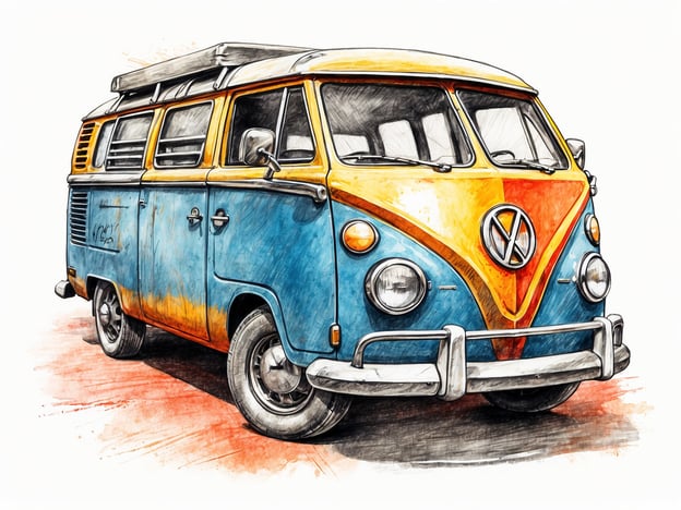 Auf dem Bild ist ein Volkswagen Bulli (VW Bus) zu sehen, der durch sein farbenfrohes Design auffällt. Der Bulli ist ein ikonisches Fahrzeug, das oft mit Freiheit und Camping verbunden wird. 

Besondere Ausstellungen und Veranstaltungen, die sich mit Oldtimern oder klassischen Autos beschäftigen, könnten eine hervorragende Gelegenheit bieten, solche Fahrzeuge zu bewundern. Es könnte beispielsweise Messen für Oldtimer, spezielle Ausstellungen über die Geschichte des VW Busses oder Veranstaltungen von Automobilclubs geben, die sich dem Erhalt und der Feier solcher Klassiker widmen. In diesen Rahmen könnten auch Diskussionen über die kulturelle Bedeutung und den Einfluss des VW Busses auf das Reisen und die Freiheit stattfinden.